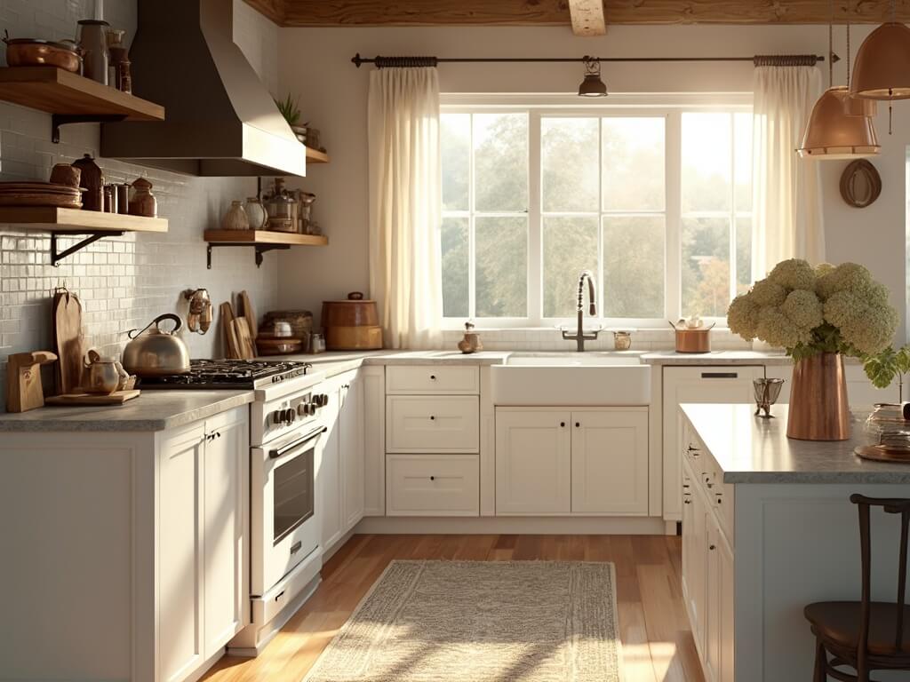"Sunlit modern farmhouse kitchen with white cabinets, marble island, rustic elements and fresh hydrangeas"