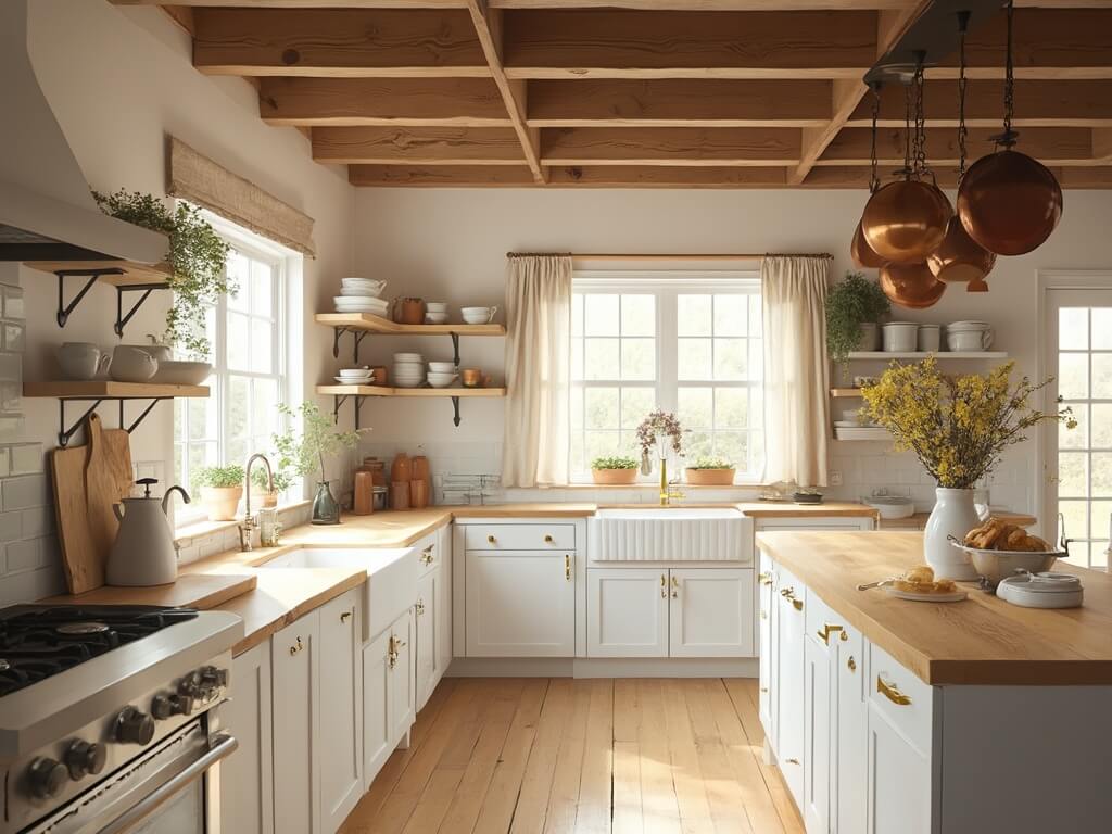 "Sunlit farmhouse kitchen with white cabinets, weathered oak island, brass hardware, butcher block countertops, and rustic wooden ceiling beams, styled with fresh herbs and wildflowers."