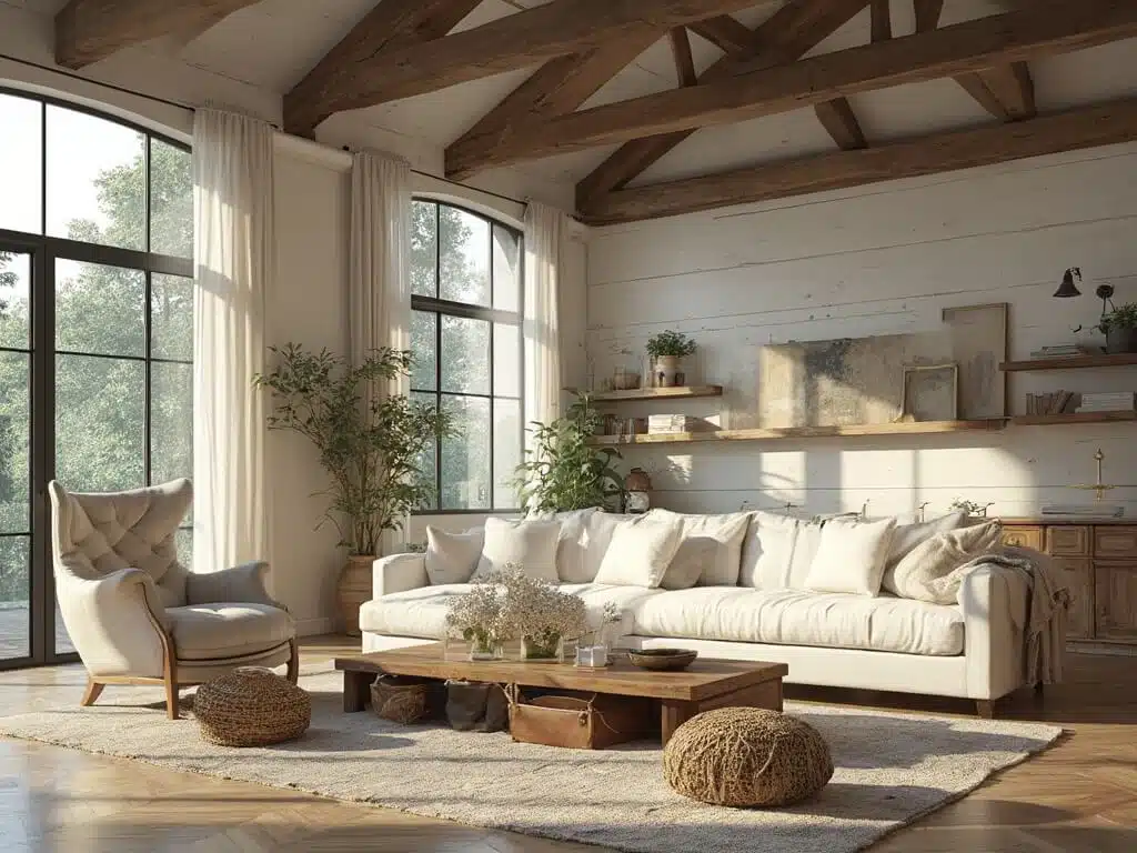 "Sunlit farmhouse living room with vaulted ceiling, shiplap walls, oversized sofa, vintage furniture and decor"