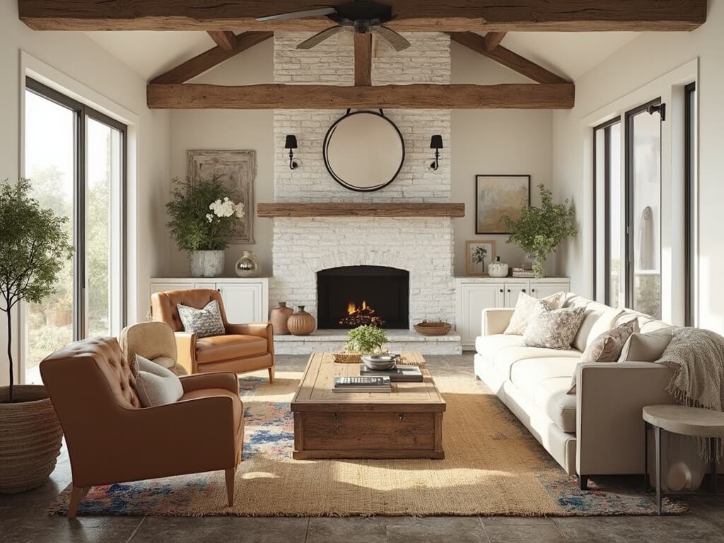 "Modern farmhouse living room with vaulted ceilings, brick fireplace, leather armchairs, and vintage decor, bathed in morning sunlight."