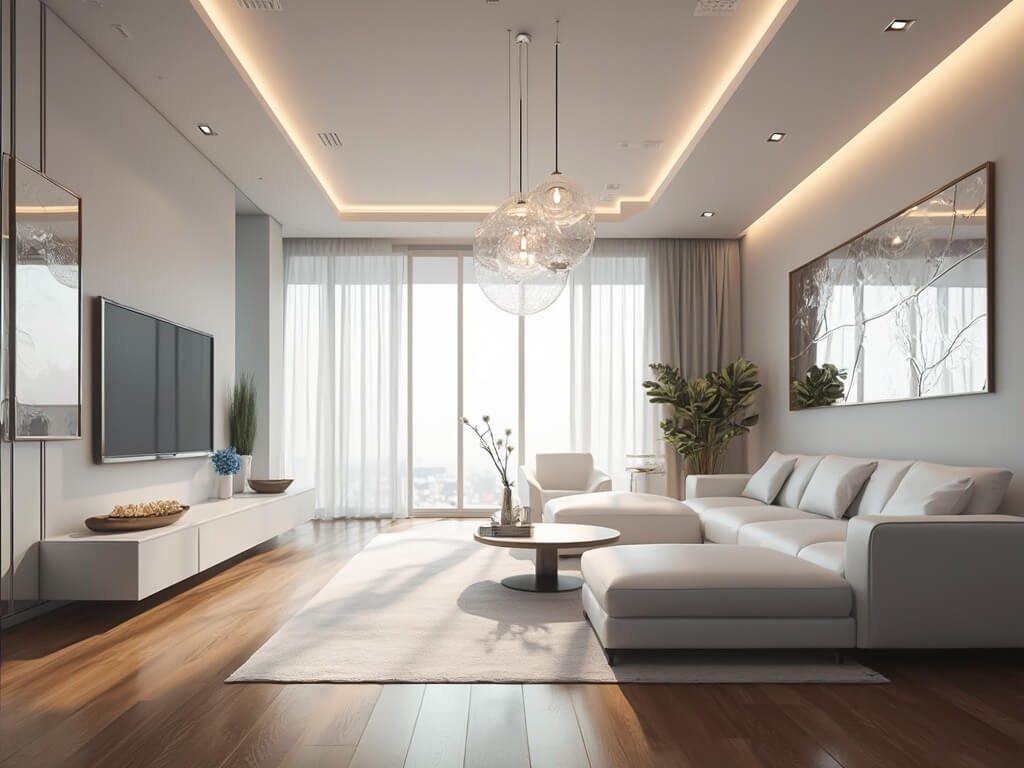 "Modern open-concept living space with a blend of natural and artificial light, minimalist white furniture, and reflective surfaces"