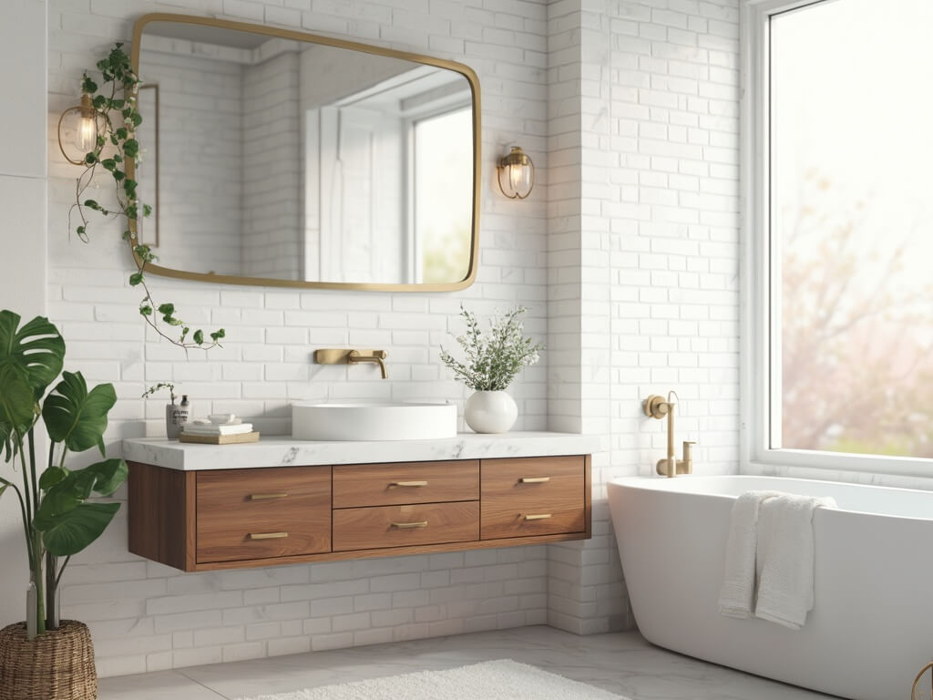 "Modern and luxurious small bathroom featuring white subway tiles, a floating walnut vanity with Carrara marble top, brass accents, and styled with pothos plant and artisanal soap"