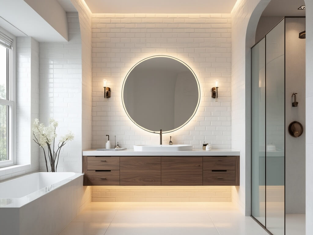"Modern luxe windowless bathroom with layered lighting, large oval mirror, and minimalist styling"