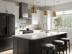 "Modern high-end kitchen interior with black stainless steel appliances, white shaker cabinets, a quartz waterfall countertop on the center island, and warm brass pendant lights. Decor includes charcoal barstools, a ceramic vase with eucalyptus, and brushed gold fixtures."