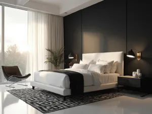 "Modern monochrome bedroom with black and white sophisticated decor during golden hour."