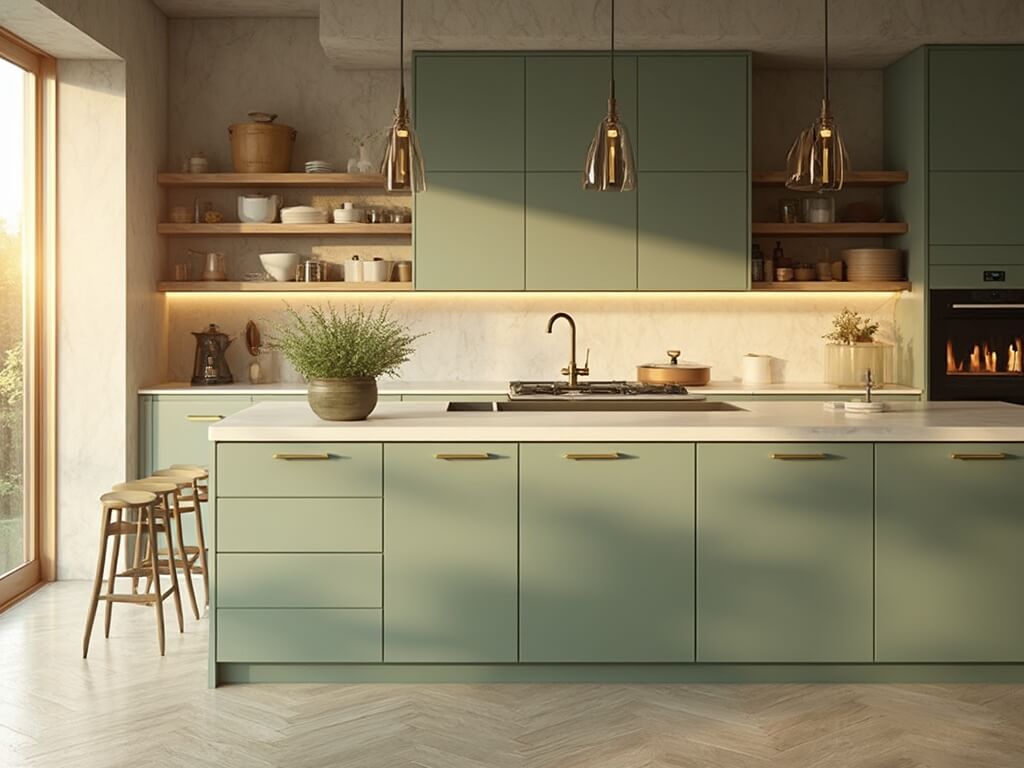 "Modern sage kitchen interior bathed in golden hour sunlight with white quartz island and green cabinets"