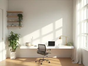 "Modern home office nook with white décor and sunlit corner desk with MacBook Pro and brass desk lamp"