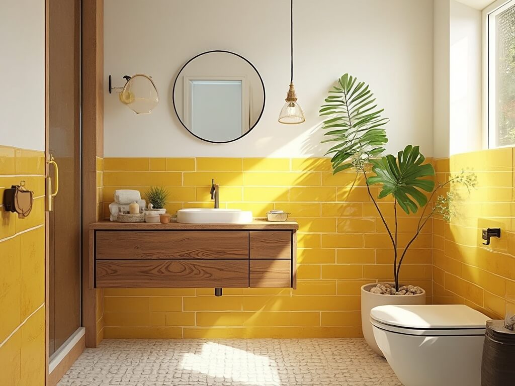 "Modern bathroom with yellow subway tile, white penny tile flooring, walnut vanity, brass fixtures, and green indoor plants"