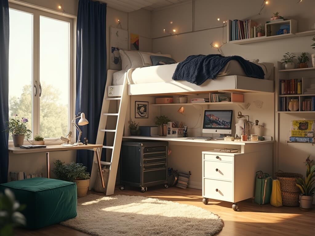 "Modern, organized dorm room with loft bed, study nook, and vertical storage solutions during golden hour"