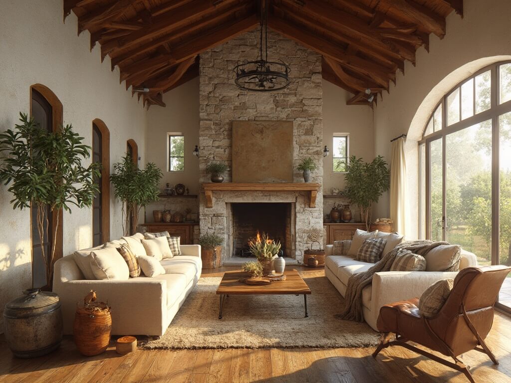 "Sunlit rustic farmhouse living room with vaulted ceiling, stone fireplace, vintage decor, and cozy seating arrangement during golden hour."