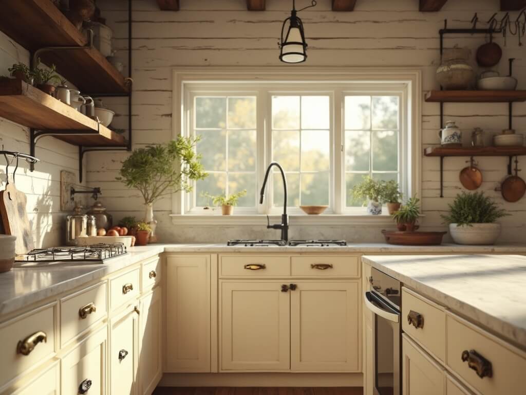 "Vintage farmhouse kitchen with cream cabinets, marble countertops and rustic hardware in morning light"
