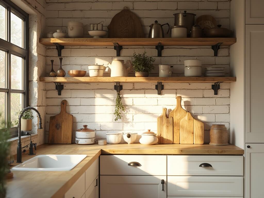 "Sunlit farmhouse kitchen with white walls, oak shelves, vintage enamelware, and a cozy coffee station with antique brass accents"