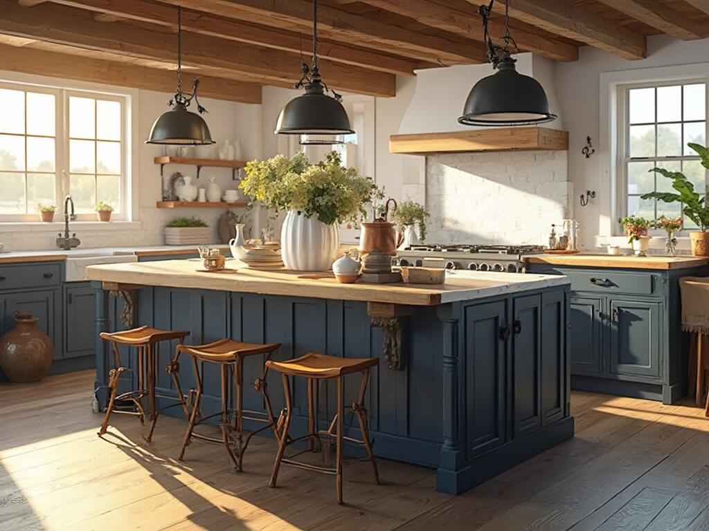 "Rustic farmhouse kitchen with navy blue island, white quartzite countertops, and vintage decor during golden hour"