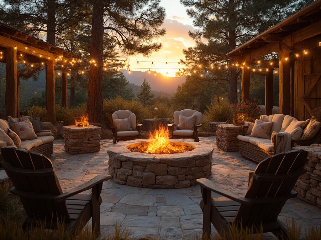 "Rustic backyard fire pit gathering at sunset with Adirondack chairs, stone benches, and string lights."