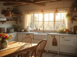 "Rustic farmhouse kitchen bathed in golden hour sunlight with whitewashed walls, wooden accents, vintage accessories, and a weathered oak dining table."
