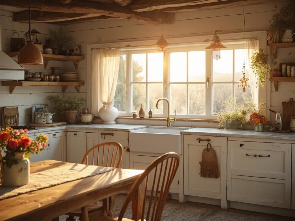 "Rustic farmhouse kitchen bathed in golden hour sunlight with whitewashed walls, wooden accents, vintage accessories, and a weathered oak dining table."