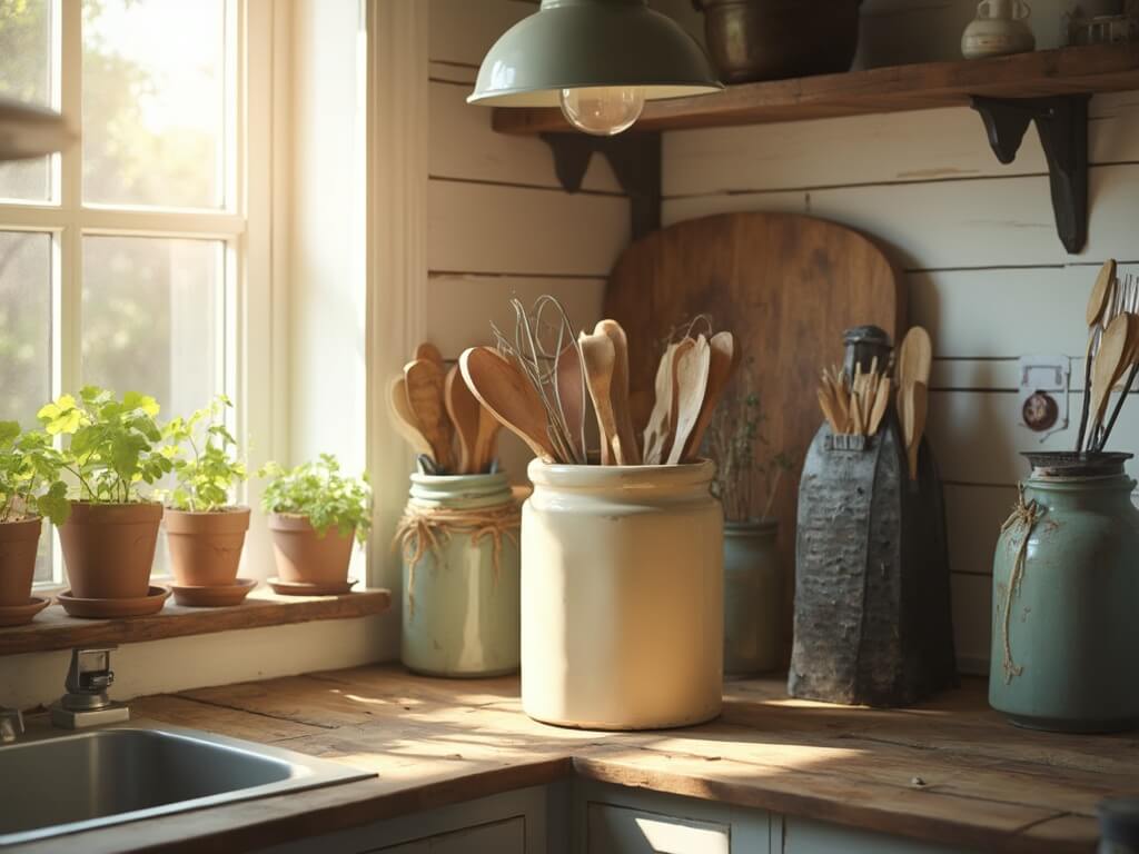 "Vintage farmhouse kitchen utensil holders on rustic wooden shelf in golden morning light"