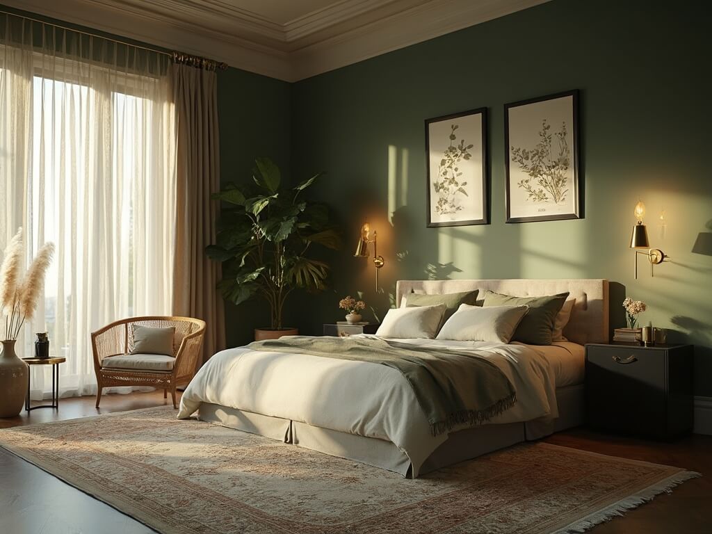 "Sophisticated sage green bedroom with natural textures and warm golden light"