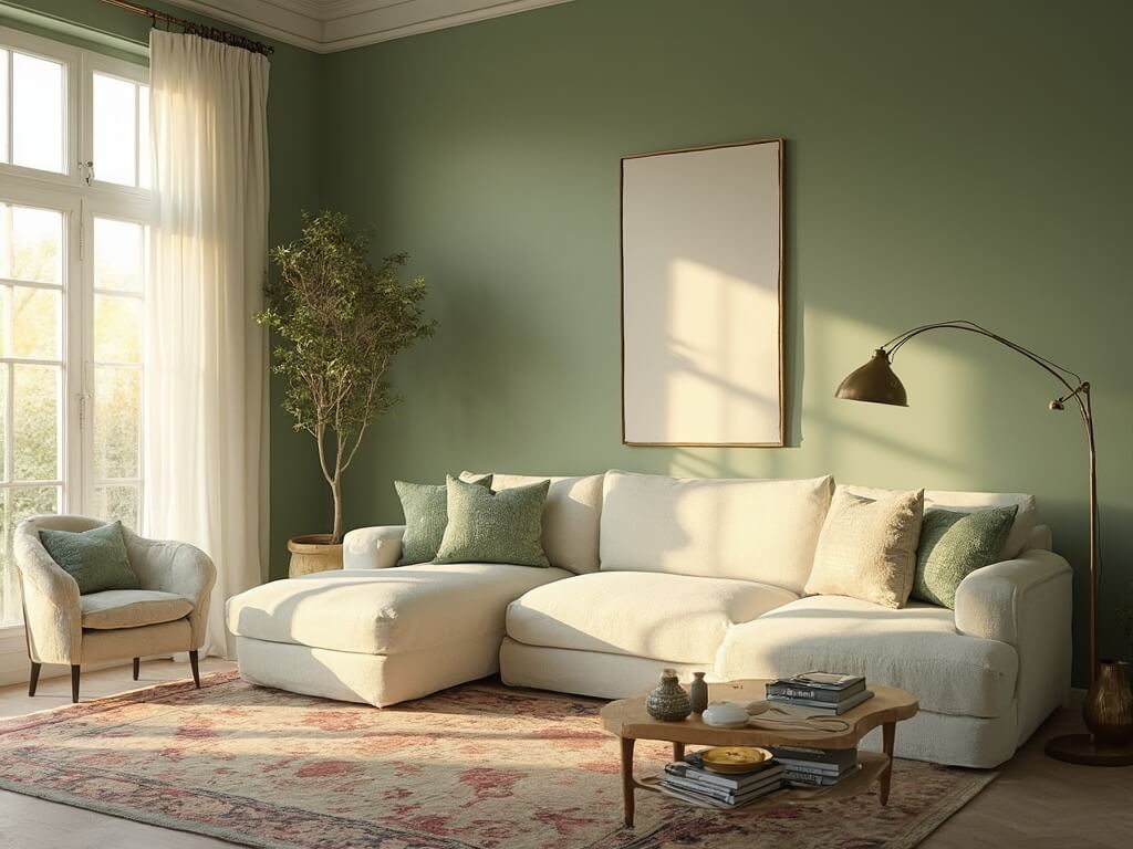 "Sunny contemporary living room with sage green walls, cream sofa, brass arc floor lamp, vintage Persian rug, bouclé chair, and abstract art in a golden hour atmosphere"