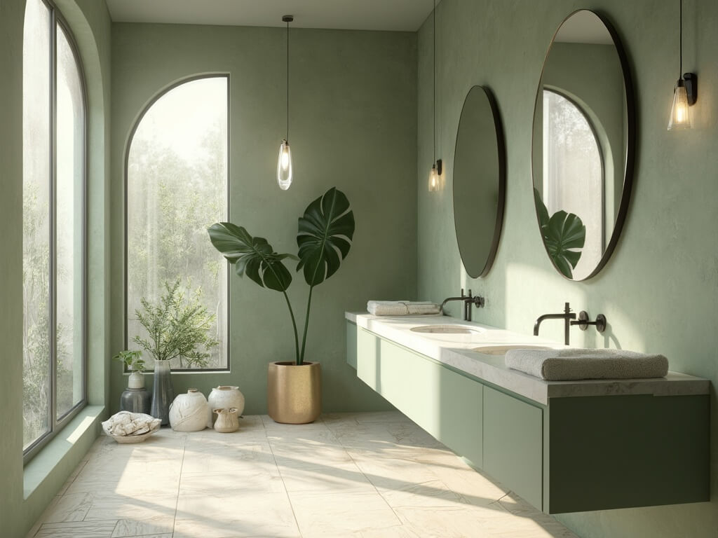 "Serene sage spa bathroom with natural elements, morning sunlight through frosted windows, monstera plant, herringbone floor, and emphasized sage and cream tones"
