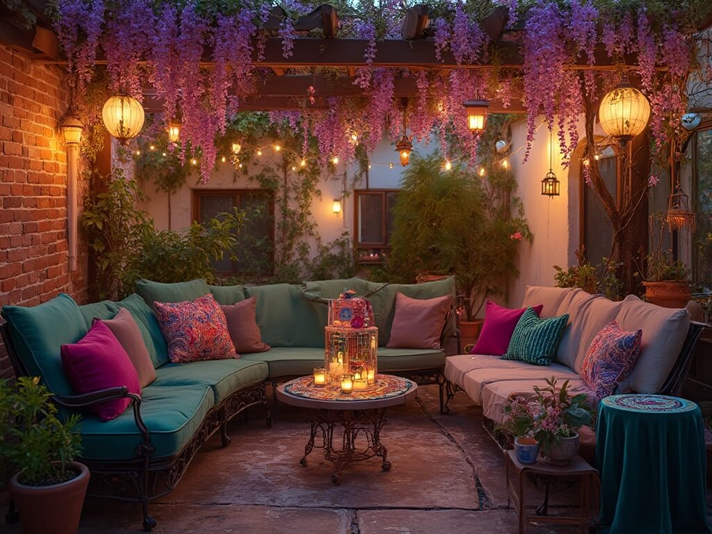 "Twilight garden patio scene with climbing jasmine, fairy lights, Moroccan lanterns, mismatched bohemian furniture, and whimsical décor in the light of dusk."