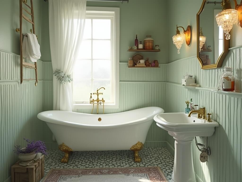 "Vintage small bathroom with sage green walls, white clawfoot tub, classic pedestal sink, brass fixtures, and vintage accessories in soft morning light"