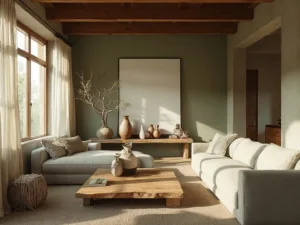 "Wabi-sabi styled living room with natural materials, oak furniture, ceramic vessels, and copper accents, bathed in morning light."