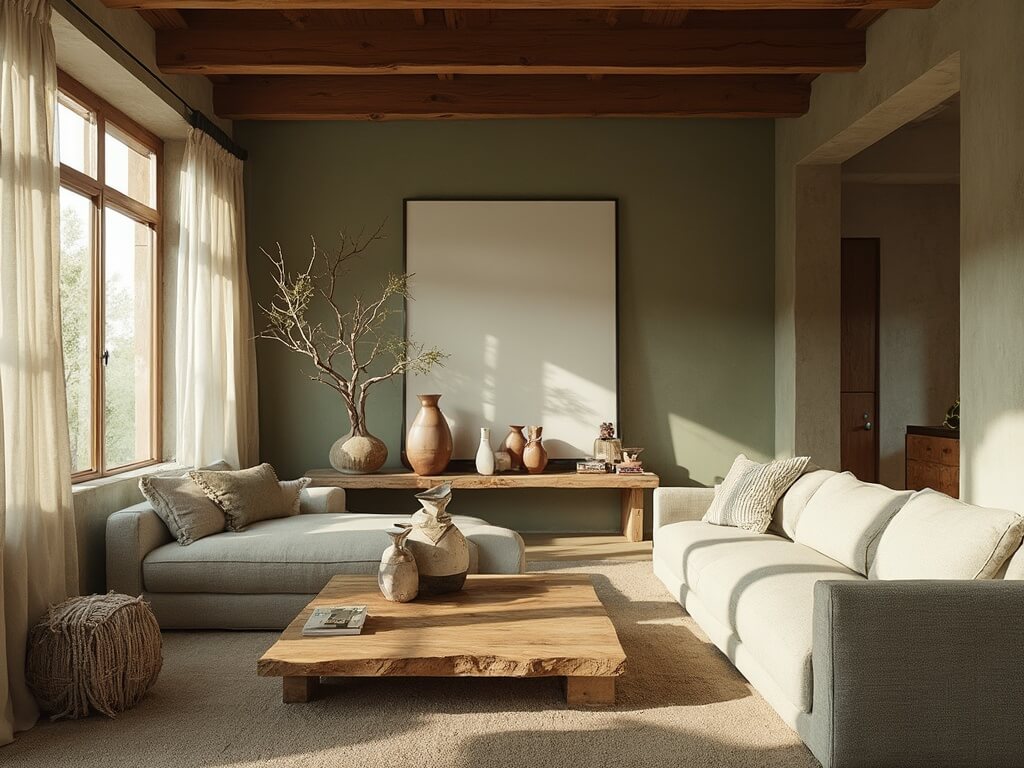 "Wabi-sabi styled living room with natural materials, oak furniture, ceramic vessels, and copper accents, bathed in morning light."