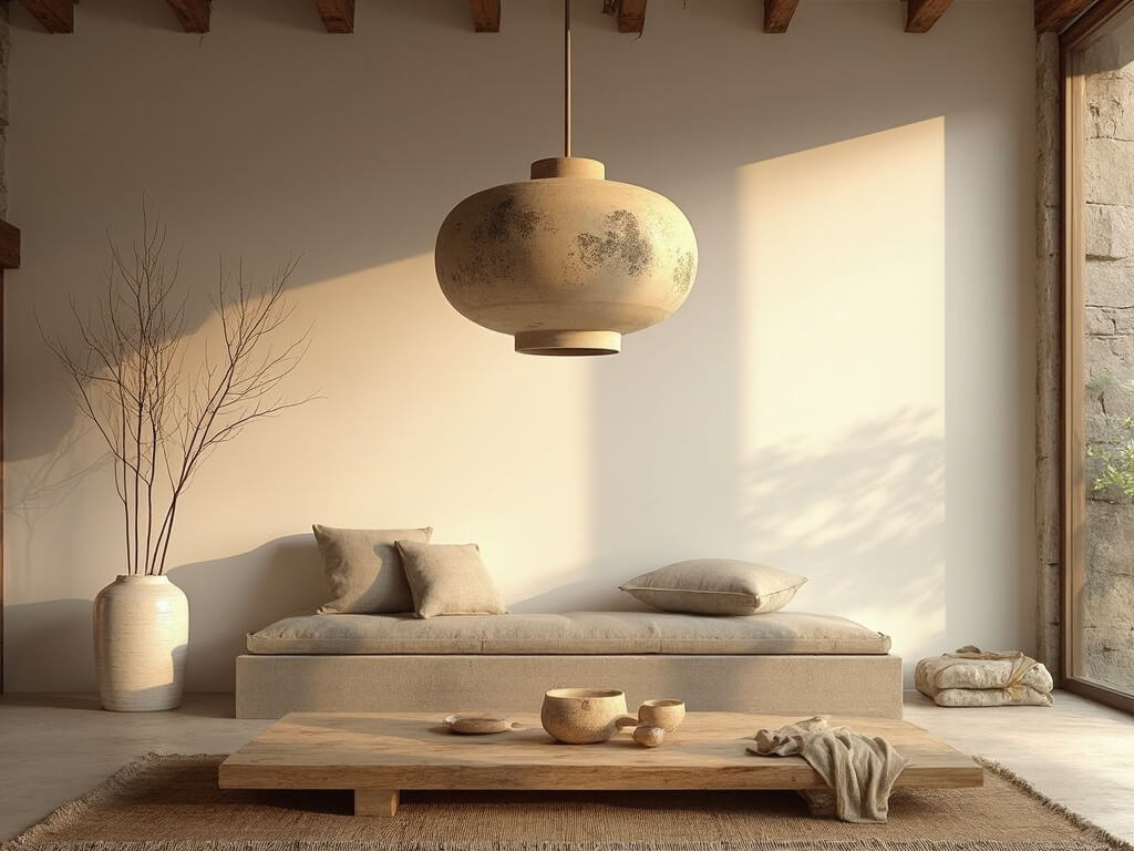 "Zen-inspired interior design featuring a wabi-sabi clay pendant lamp, natural sunlight, and earth-toned décor during golden hour"