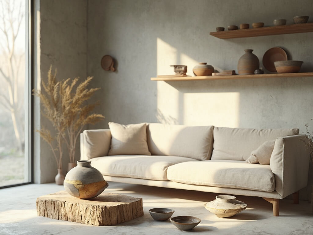 "Sunlit minimalist living space with wabi-sabi ceramic collection on raw wooden pedestal and floating shelves, featuring a beige linen sofa and weathered concrete walls."