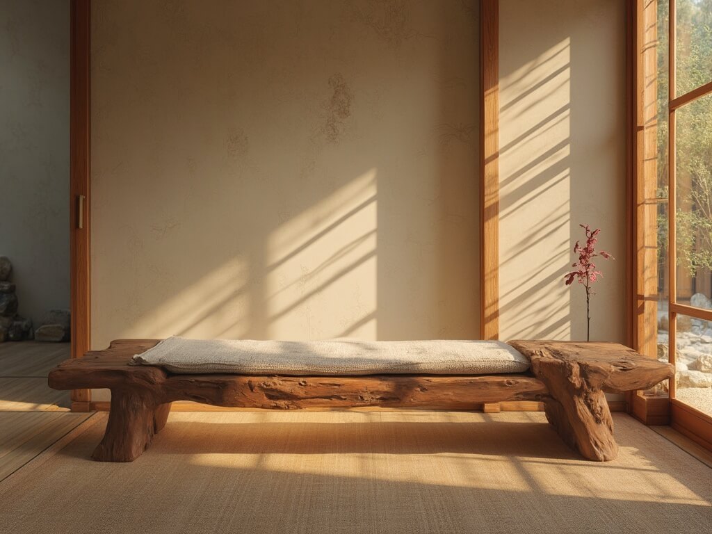 "Wabi Sabi bench in Japanese zen entryway with golden hour lighting"