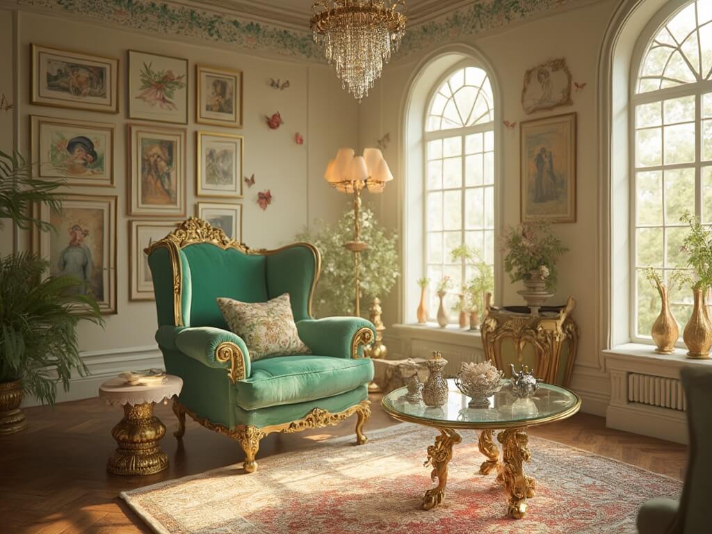 "Sunlit Victorian living room with whimsical fairytale elements, mint-green velvet chair, and gold unicorn legged coffee table"