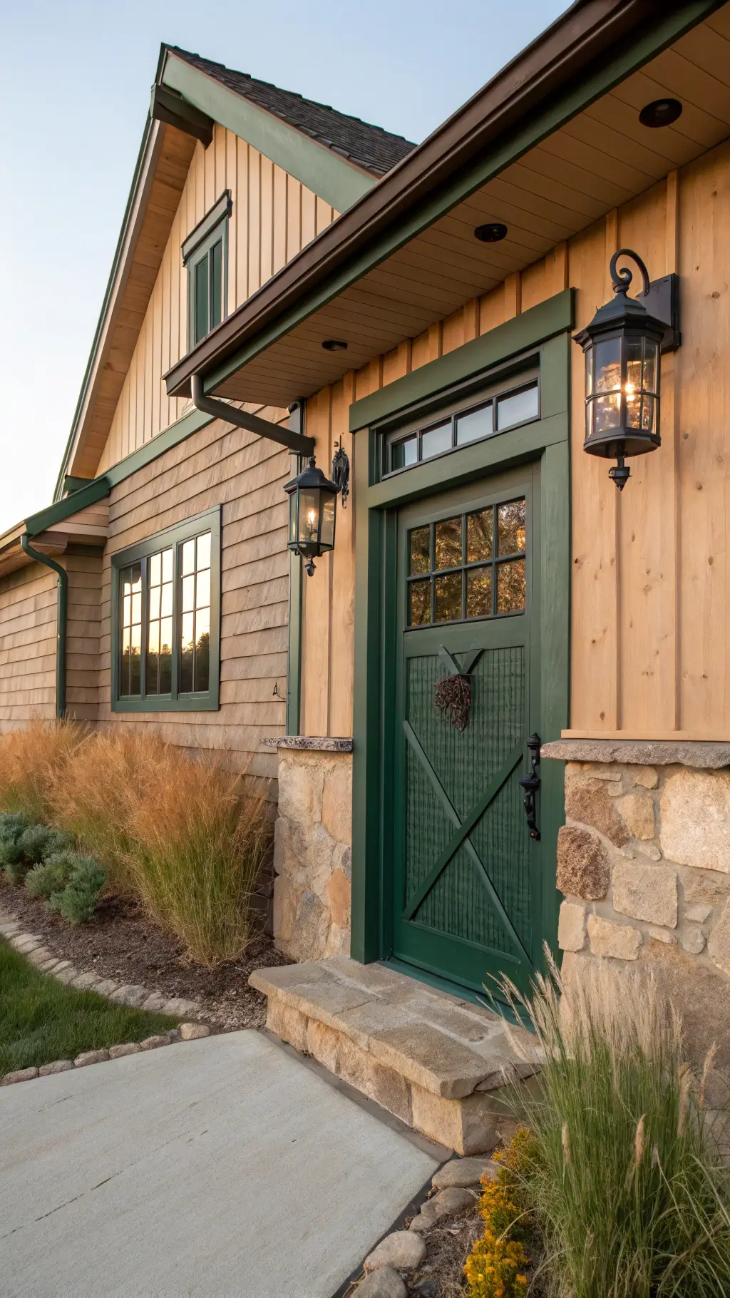 Rustic ranch-style house with green front door, copper lanterns, and natural stone foundation during golden hour with native grasses in the landscape.