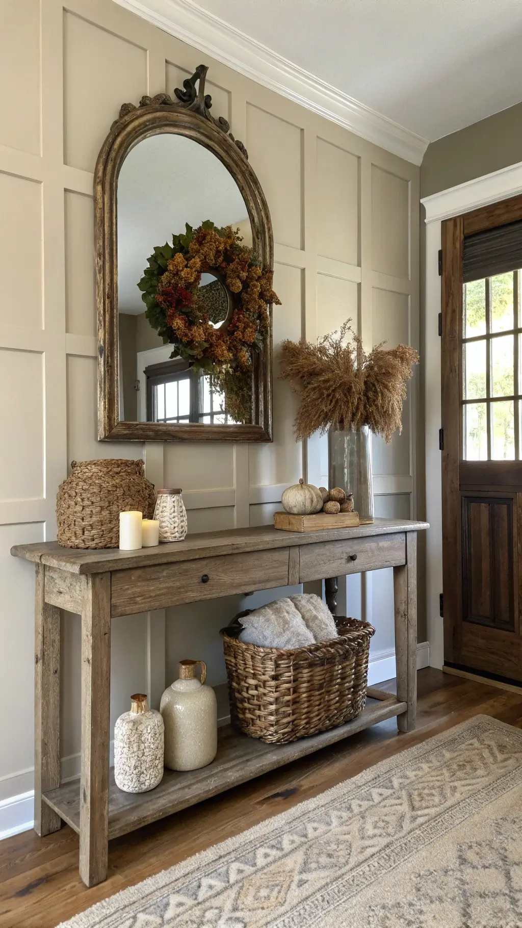 Intimate entryway featuring a vintage console with fall wreath reflection in brass mirror, ceramic ginger jars, and a basket of wool throws, bathed in morning light.
