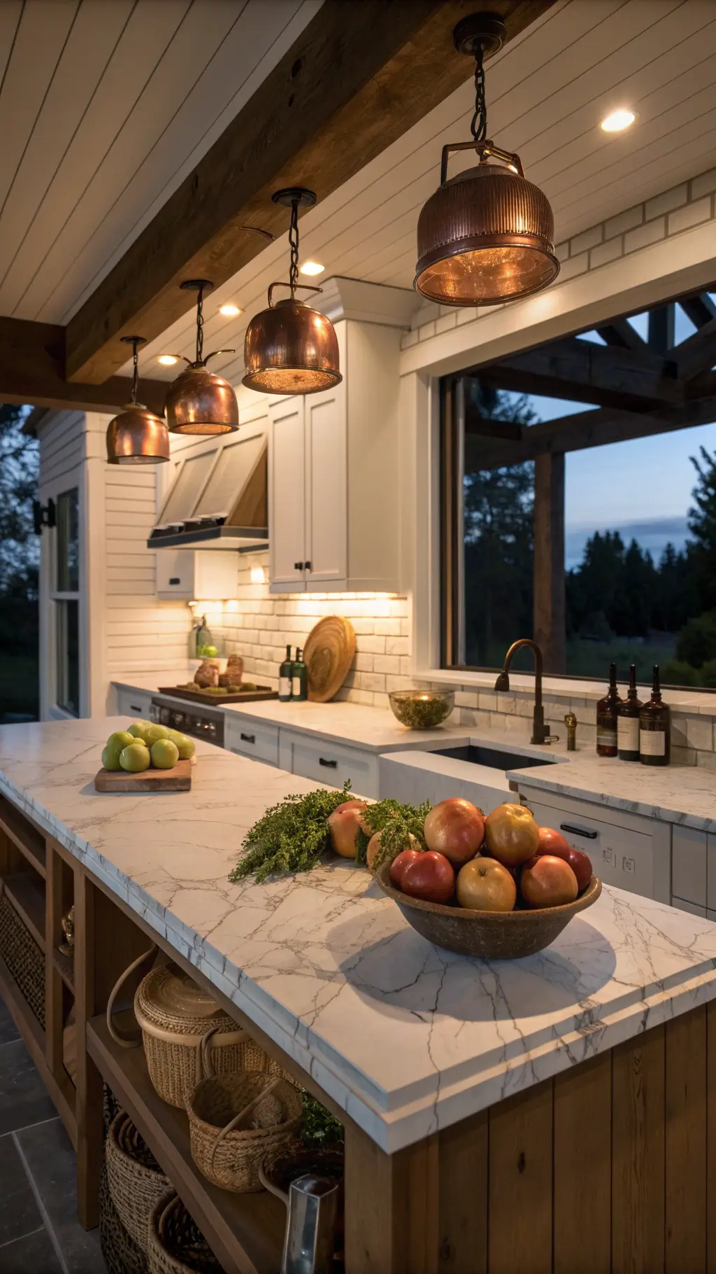 Dusk view of modern farmhouse kitchen featuring a marble island, white shiplap backsplash, hanging copper pots, and artisanal ceramics with fruits under warm lighting.