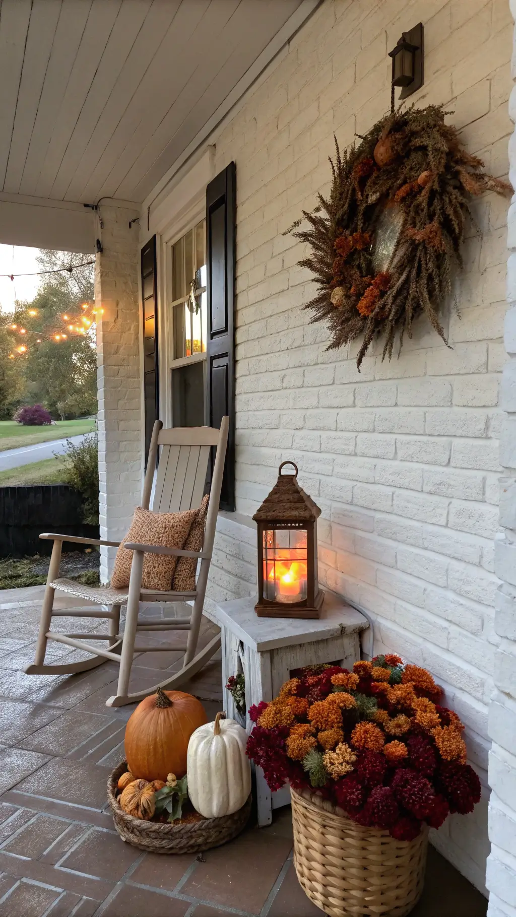 Vintage covered porch featuring a wooden rocking chair with amber throw, copper lantern, wreath with burgundy hydrangeas and fall foliage, and a basket full of heirloom pumpkins in subdued autumn colors in late afternoon light.