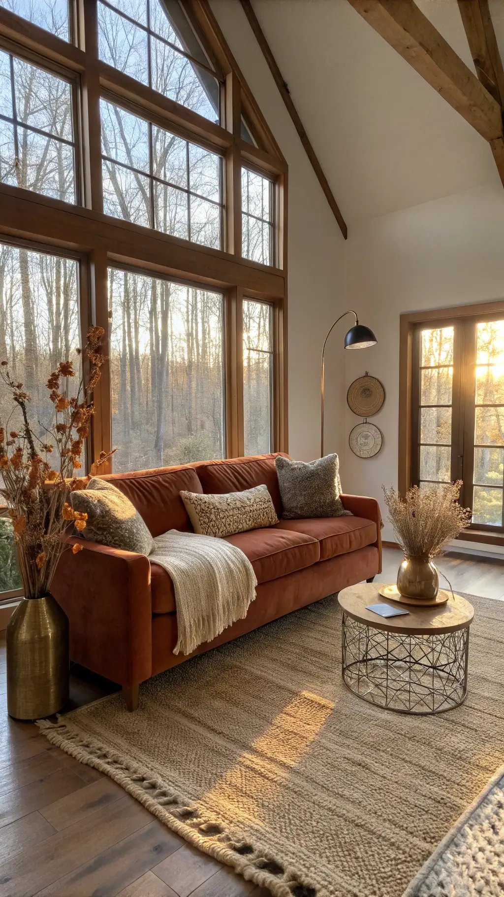 Living room bathed in soft golden light, featuring a rustic velvet sofa, styled coffee table, vintage brass lamp, and textural elements like a woven jute rug and exposed beam cathedral ceiling.