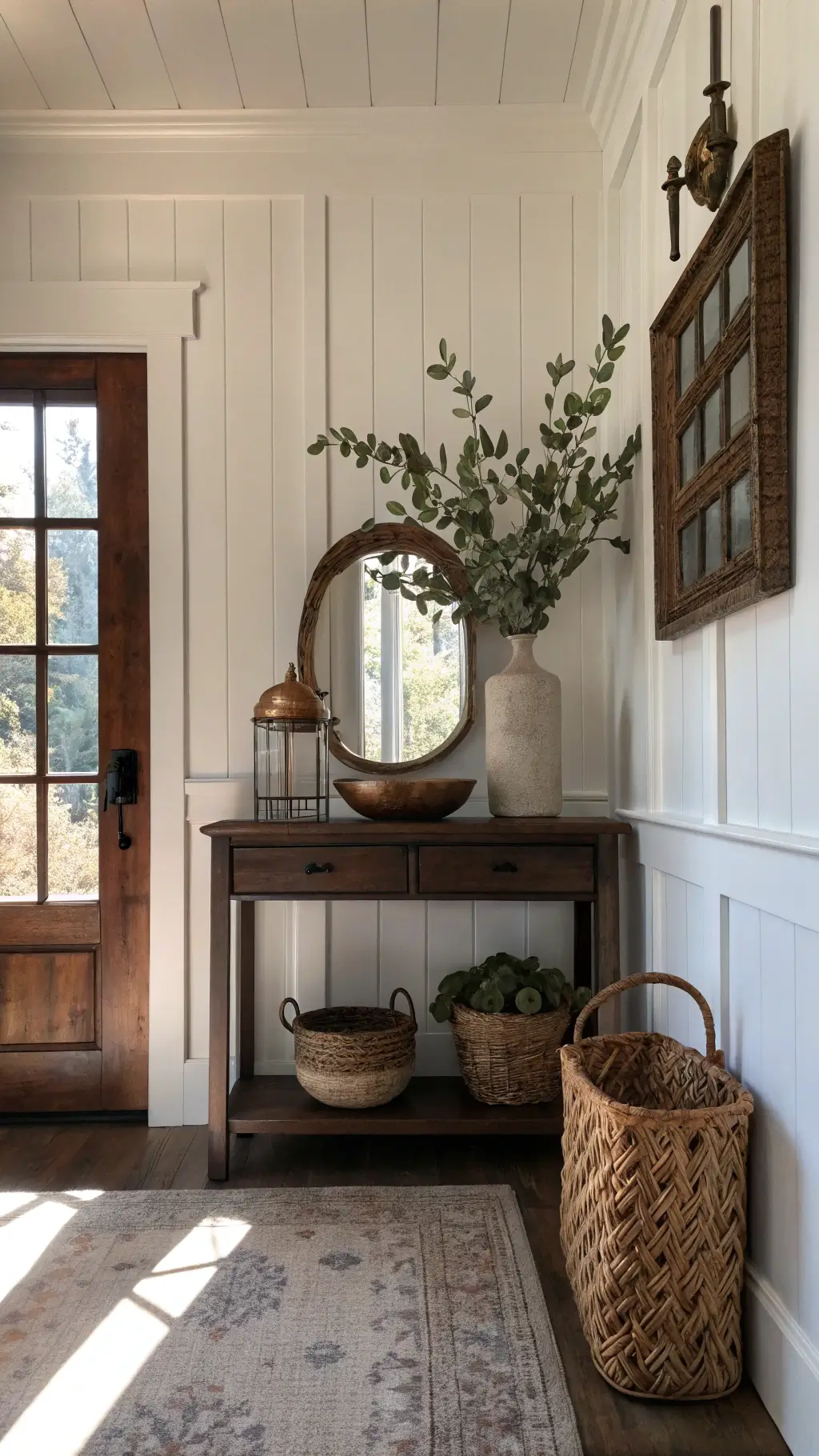 Antique walnut console table adorned with fall display in a 6x8ft entryway with white board and batten walls, frosted glass door letting in morning light, and vintage brass mirror hanging above, captured from a low angle at eye level with moody shadows.