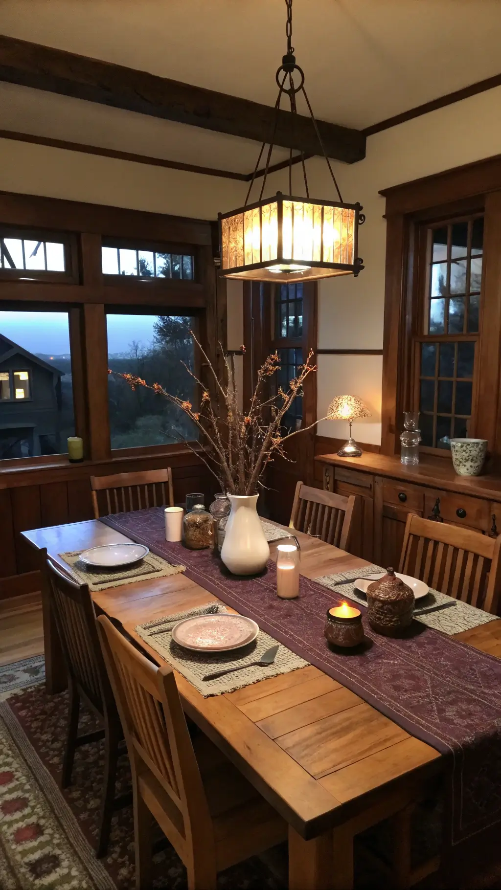 Elevated view of a rustic dining room at dusk featuring original craftsman woodwork, farmhouse table with plum linen runner and ochre ceramic vessels, centered by a foraged branch centerpiece, under a vintage schoolhouse pendant light.