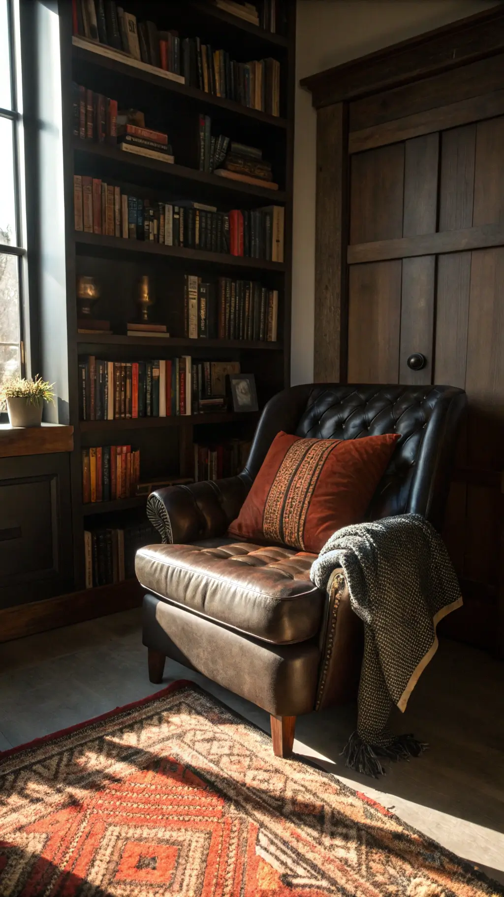 Cozy library corner with a large leather armchair, a handwoven pillow, built-in shelves filled with books and brass objects, illuminated by late afternoon light.