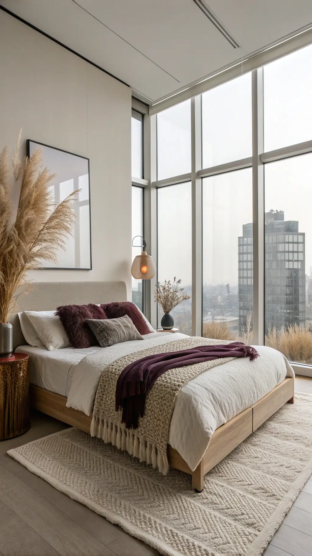 Minimalist modern bedroom with floor-to-ceiling windows, ethereal morning light, platform bed with ivory linen, olive knit throw, deep plum velvet pillows, amber glass lamp and dried pampas grass on bedside in a wide shot with ample negative space.
