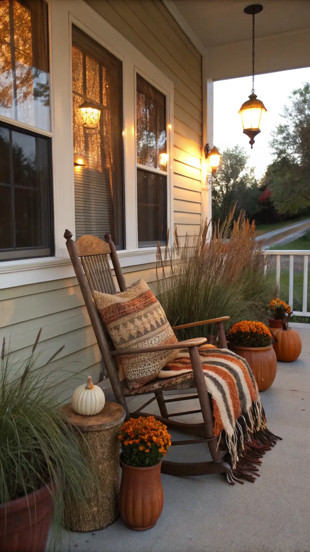 Vintage rocking chair with autumn textiles on a twilight-lit covered porch decorated with terracotta pots and ornamental grasses