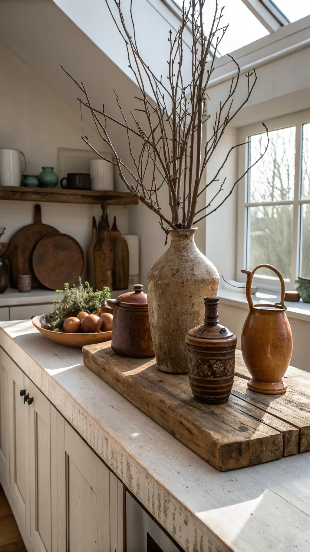 Artisanal ceramics in earth tones, vintage copper vessels, and branches in smoky glass vase on a weathered wood board, under natural skylight on a 3x6ft kitchen island, captured from a 45-degree angle with soft side lighting.