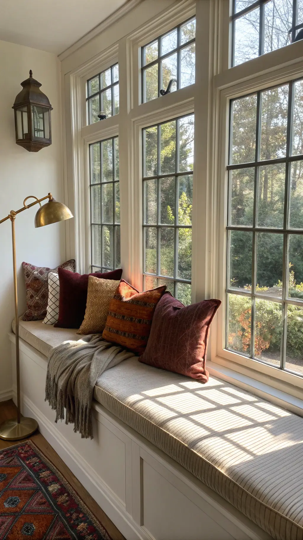 Late morning light illuminating a 4x8ft window seat area with colonial mullioned windows, filled with natural linen cushion, handwoven rust-tone throw, vintage olive and plum velvet pillows, and a brass reading lamp for accent lighting.