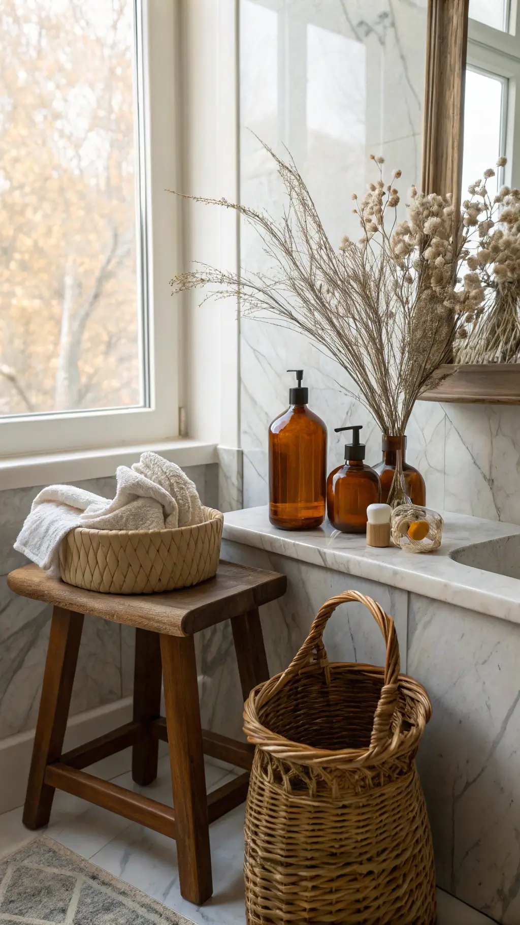 Vintage styled bathroom with marble surfaces, a wooden stool with amber glass vessels, a basket with linens, and a ceramic vase with dried botanicals, soft morning light diffusing through frosted window reflected in oversized mirror.