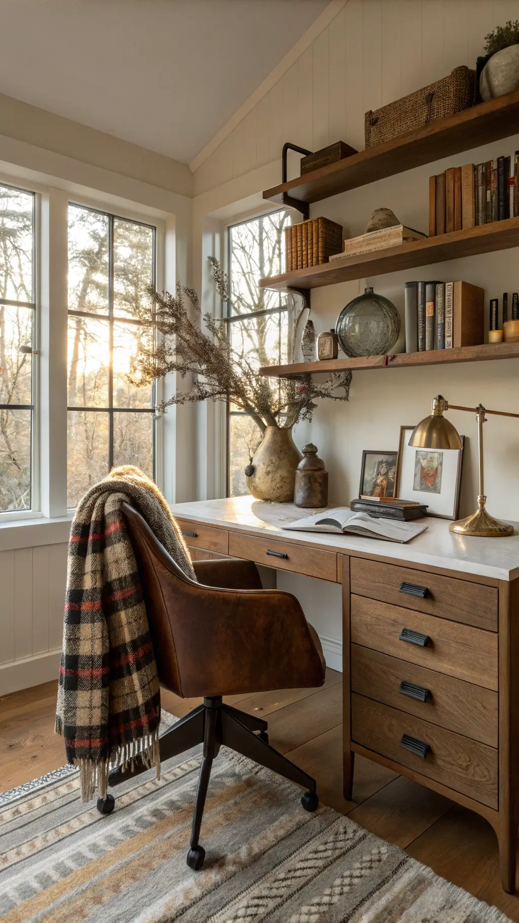 Warmly lit home office corner featuring built-in desk, leather chair with plaid throw, brass lamp, floating shelves with vintage books and ceramics, and branches in a smoky glass vase