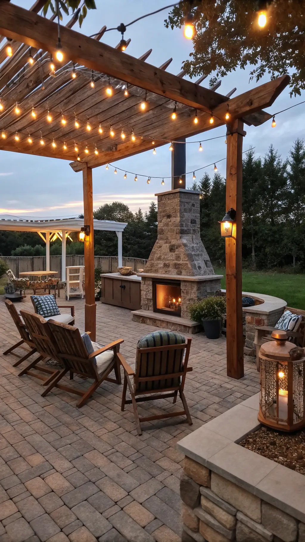 Twilight view of an entertainment deck with a reclaimed wood pergola adorned with globe lights, vintage rocking chairs, a freestanding stone fireplace, a zinc bar cart with copper mugs, and woven lanterns of various heights, captured from a second story angle.