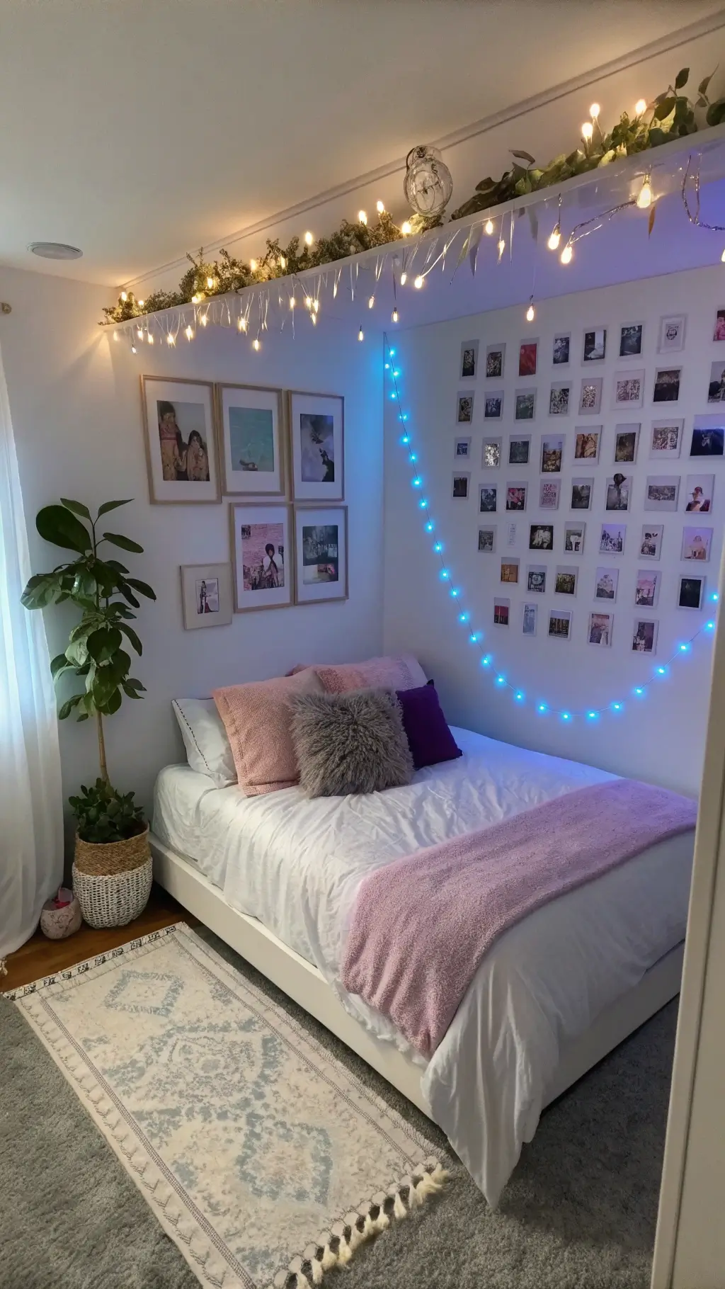 Elevated view of a 15x15ft teen bedroom featuring a platform bed with white bedding and pastel throw pillows, a photo collage wall with gold frames, LED strip lights in blue and purple hues, hanging plants, string lights, and plushies, during mid-afternoon.