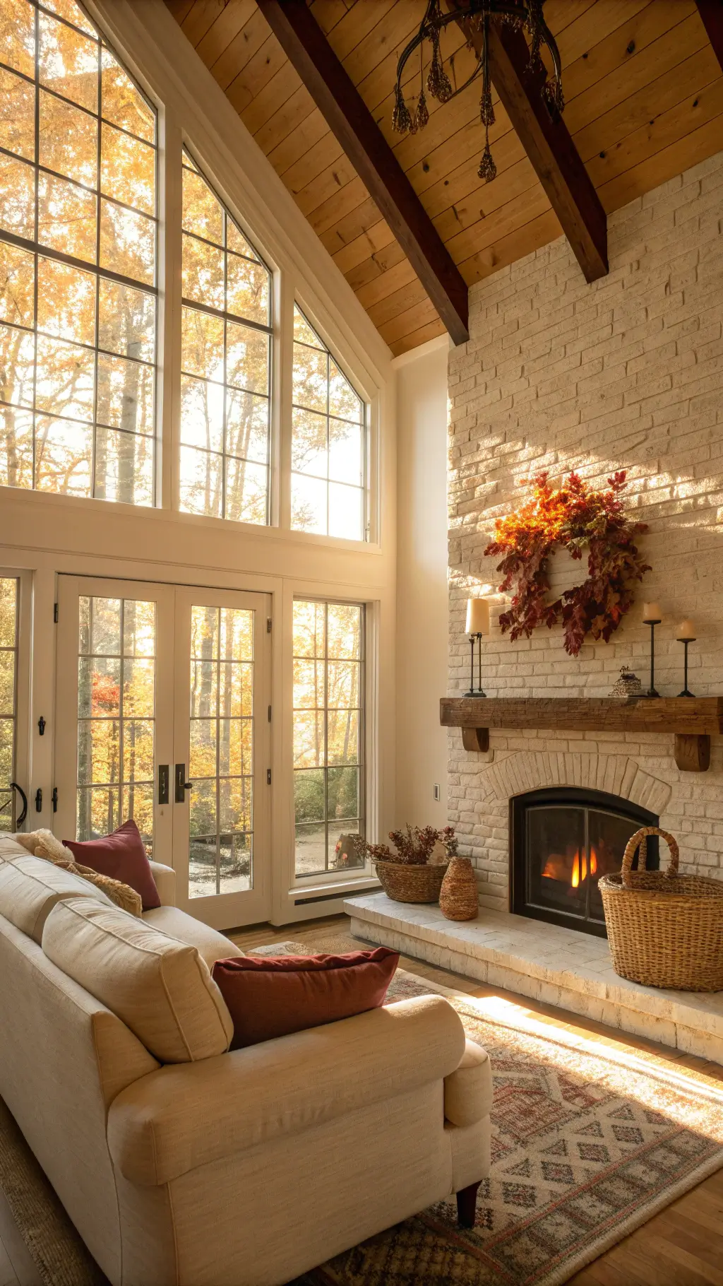 Sunlit living room with vaulted ceiling, bay window, cream sofa, and fireplace adorned with grapevine wreath, captured at golden hour.