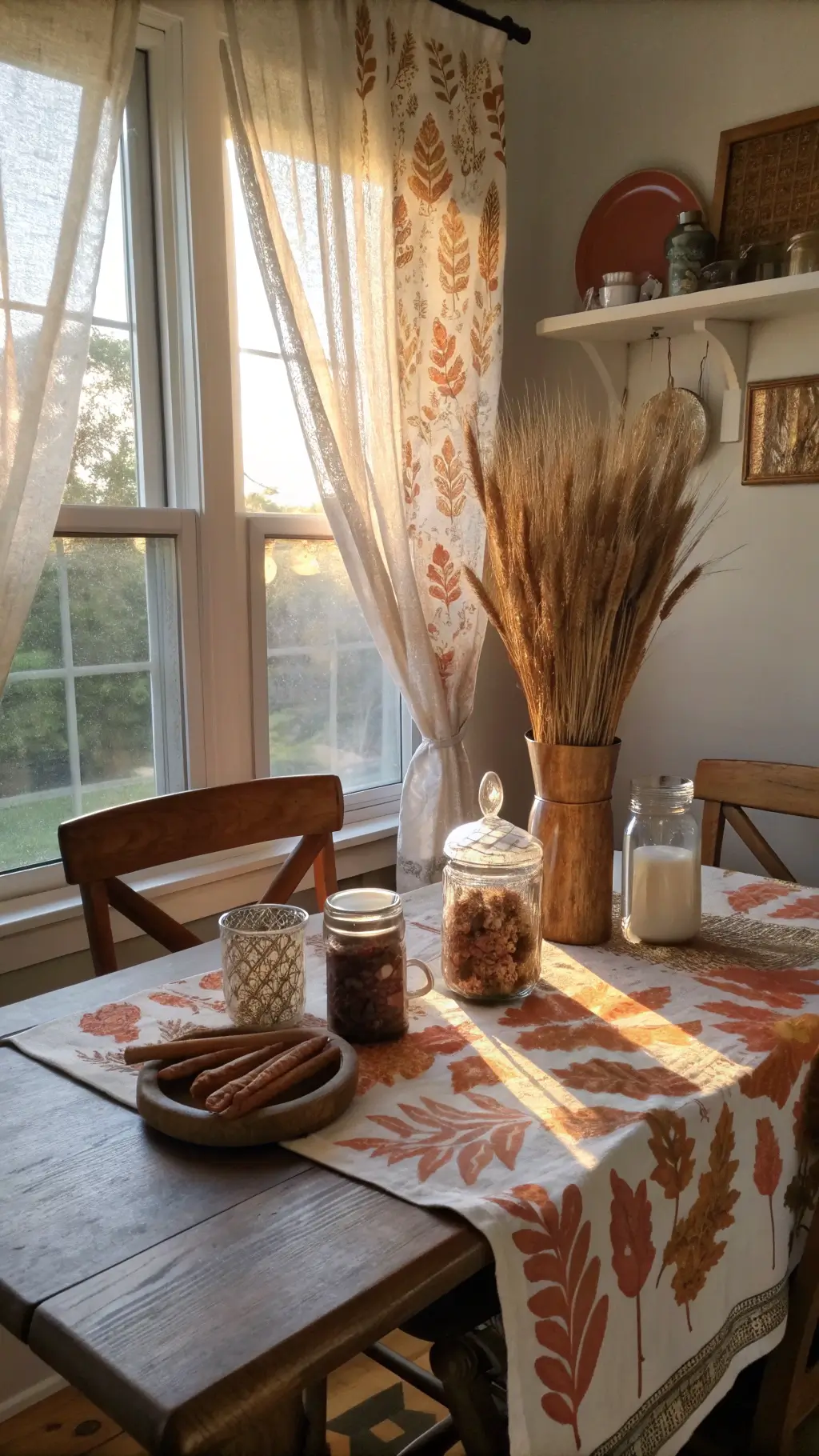 Intimate kitchen nook at dawn, sunlight filtering through cafe curtains illuminating a farmhouse table with a burnt orange and sienna leaf textile runner, mason jars filled with dried wheat stalks and cinnamon sticks, and vintage wooden chairs with copper cushions.